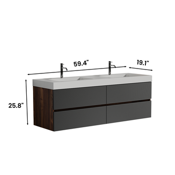 60 Inch Walnut Bathroom Vanity with Glossy White Solid Surface Sink Soft Black Drawers Wall Mounted Floating One Piece Basin Pre Assembled