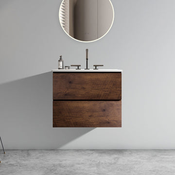 24 Inch Walnut Bathroom Vanity with Ceramic Sink Three Faucet Holes Large Storage Floating One Piece Basin Pre Assembled