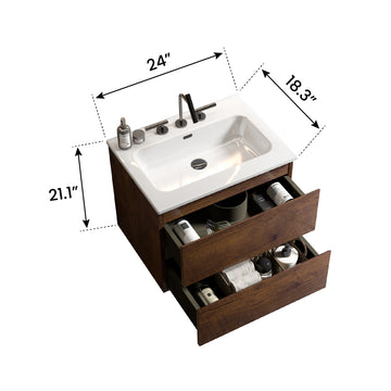 24 Inch Walnut Bathroom Vanity with Ceramic Sink Three Faucet Holes Large Storage Floating One Piece Basin Pre Assembled