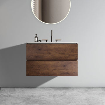 30 Inch Walnut Bathroom Vanity with Ceramic Sink Three Faucet Holes Large Storage Floating One Piece Basin Pre Assembled