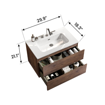 30 Inch Walnut Bathroom Vanity with Ceramic Sink Three Faucet Holes Large Storage Floating One Piece Basin Pre Assembled