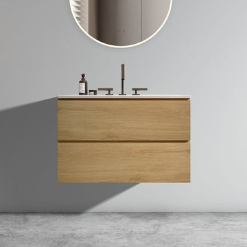 30 Inch Natural Oak Bathroom Vanity with Ceramic Sink Three Faucet Holes Large Storage Floating Vanity Pre Assembled