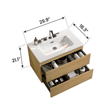 30 Inch Natural Oak Bathroom Vanity with Ceramic Sink Three Faucet Holes Large Storage Floating Vanity Pre Assembled