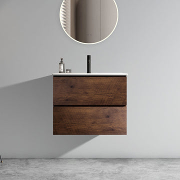 24 Inch Walnut Bathroom Vanity with Ceramic Sink One Faucet Hole Large Storage Floating One Piece Basin Pre Assembled