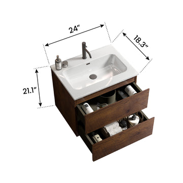 24 Inch Walnut Bathroom Vanity with Ceramic Sink One Faucet Hole Large Storage Floating One Piece Basin Pre Assembled