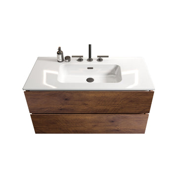 36 Inch Wall Mount Walnut Bathroom Vanity with Ceramic Sink Three Faucet Holes Large Storage Floating Vanity Pre Assembled