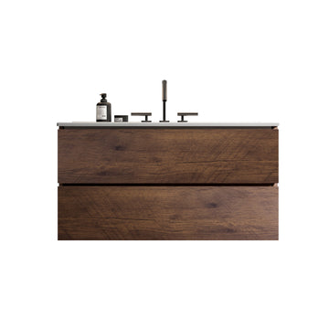 36 Inch Wall Mount Walnut Bathroom Vanity with Ceramic Sink Three Faucet Holes Large Storage Floating Vanity Pre Assembled