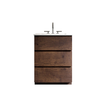 24 Inch Walnut Bathroom Vanity with Sink Three Faucet Holes Large Storage Freestanding One Piece White Basin Pre Assembled
