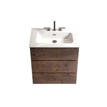 24 Inch Walnut Bathroom Vanity with Sink Three Faucet Holes Large Storage Freestanding One Piece White Basin Pre Assembled