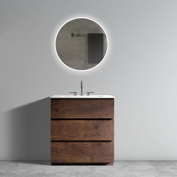 30 Inch Walnut Bathroom Vanity with Sink Three Faucet Holes Large Storage Freestanding One Piece White Basin Pre Assembled