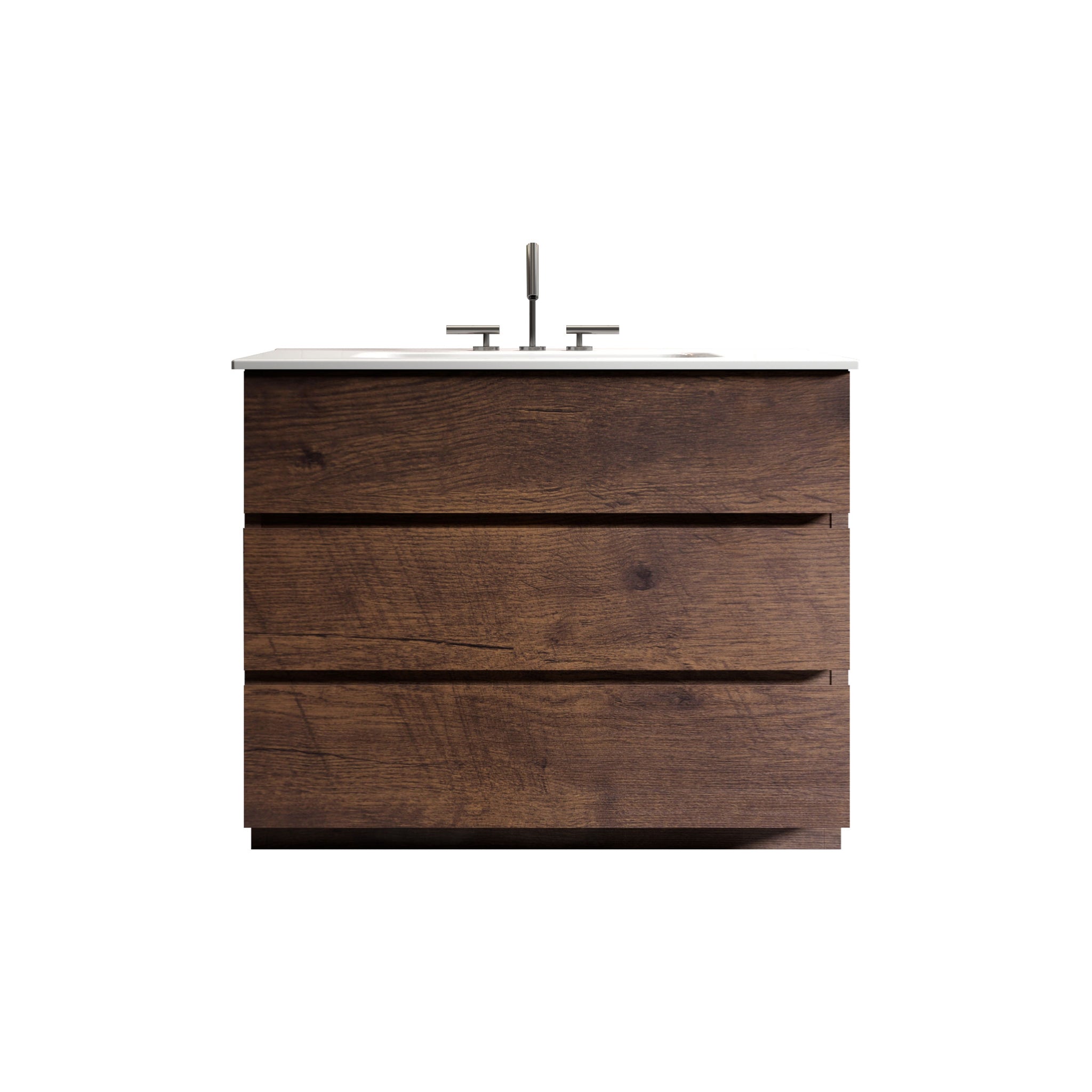 36 Inch Walnut Bathroom Vanity with Sink Three Faucet Holes Large Storage Freestanding One Piece White Basin Pre Assembled