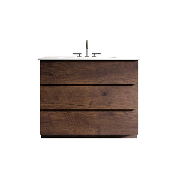 36 Inch Walnut Bathroom Vanity with Sink Three Faucet Holes Large Storage Freestanding One Piece White Basin Pre Assembled