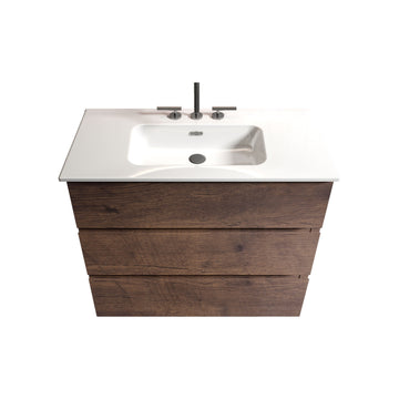 36 Inch Walnut Bathroom Vanity with Sink Three Faucet Holes Large Storage Freestanding One Piece White Basin Pre Assembled