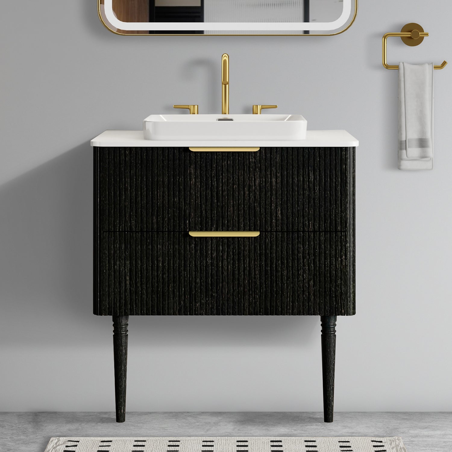 30 Inch Striped Black Oak Bathroom Vanity with Ceramic Sink Freestanding Vanity for Modern Bathroom Pre Assembled