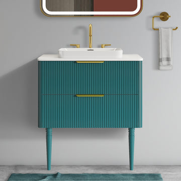 30 Inch Striped Aquamarine Bathroom Vanity with Ceramic Sink Freestanding Vanity for Modern Bathroom Pre Assembled