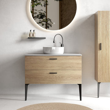 36 Inch Striped Natural Oak Bathroom Vanity with Ceramic Sink Freestanding Vanity for Modern Bathroom KD