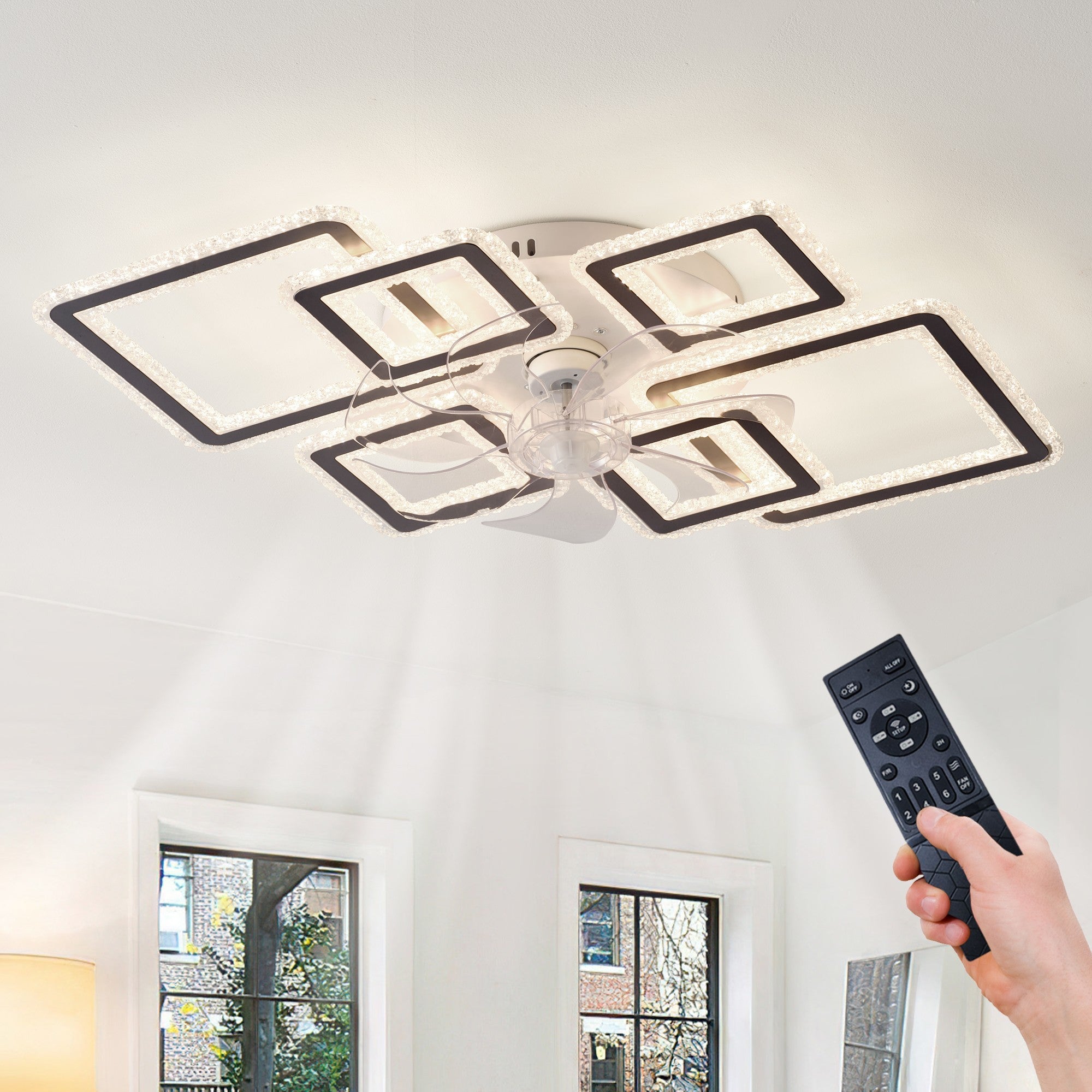 33 Inch Black Ceiling Fan with Lights Remote Control and APP Control Dimmable 7 Blades 6 Speeds of Wind