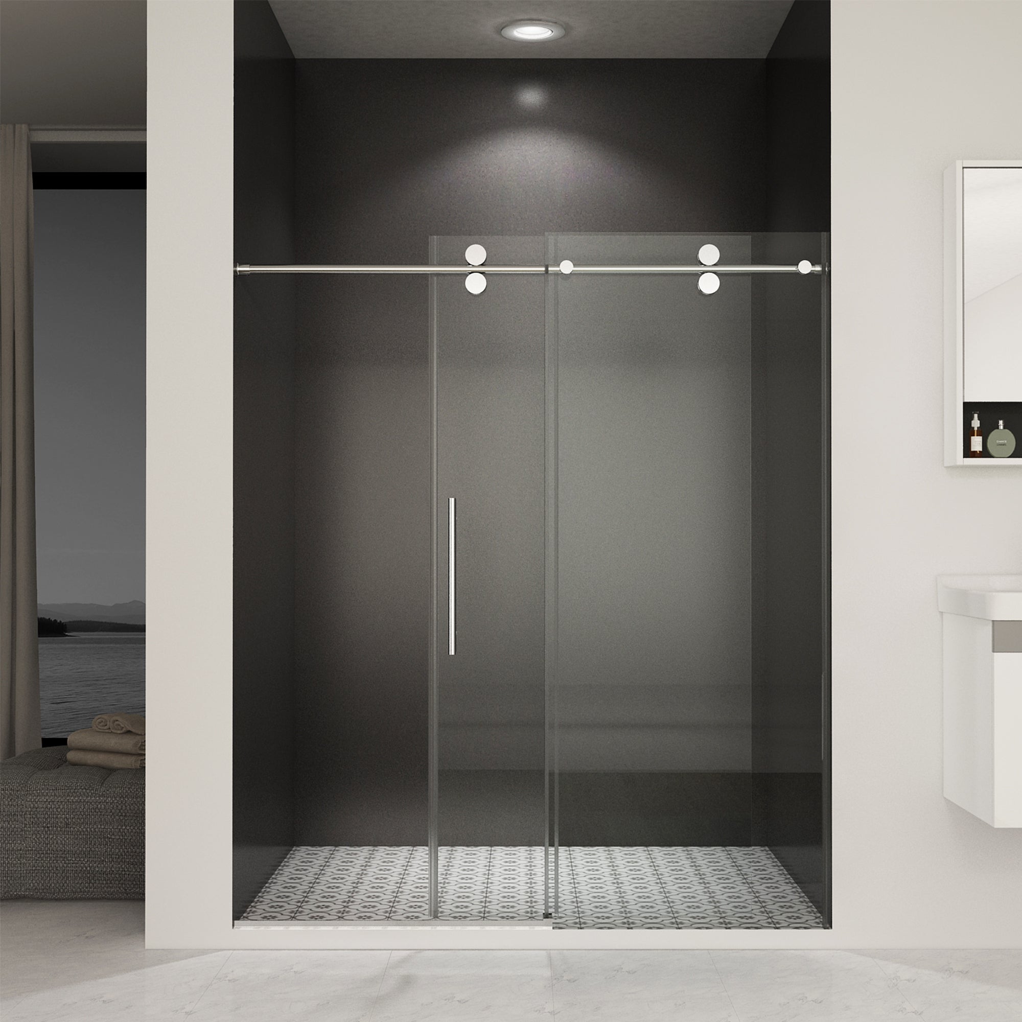 56"-60"W x 76"H Frameless Sliding Shower Door, 3/8" Tempered Glass, Double-Sided Easy Clean Coating, Chrome Finish with Buffer