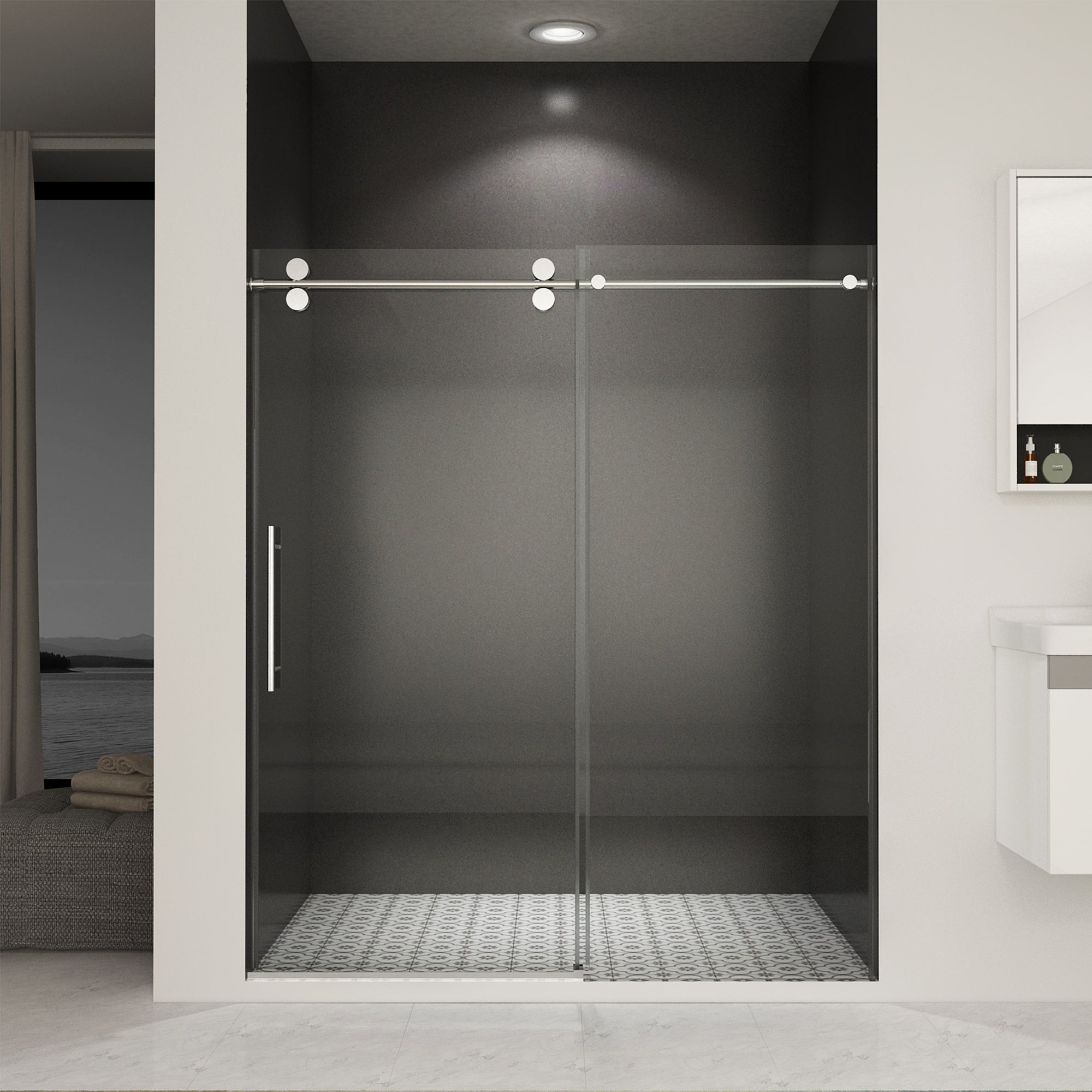 56"-60"W x 70"H Frameless Sliding Shower Door, 8mm Tempered Glass, Double-Sided Easy Clean Coating, Chrome Finish with Buffer