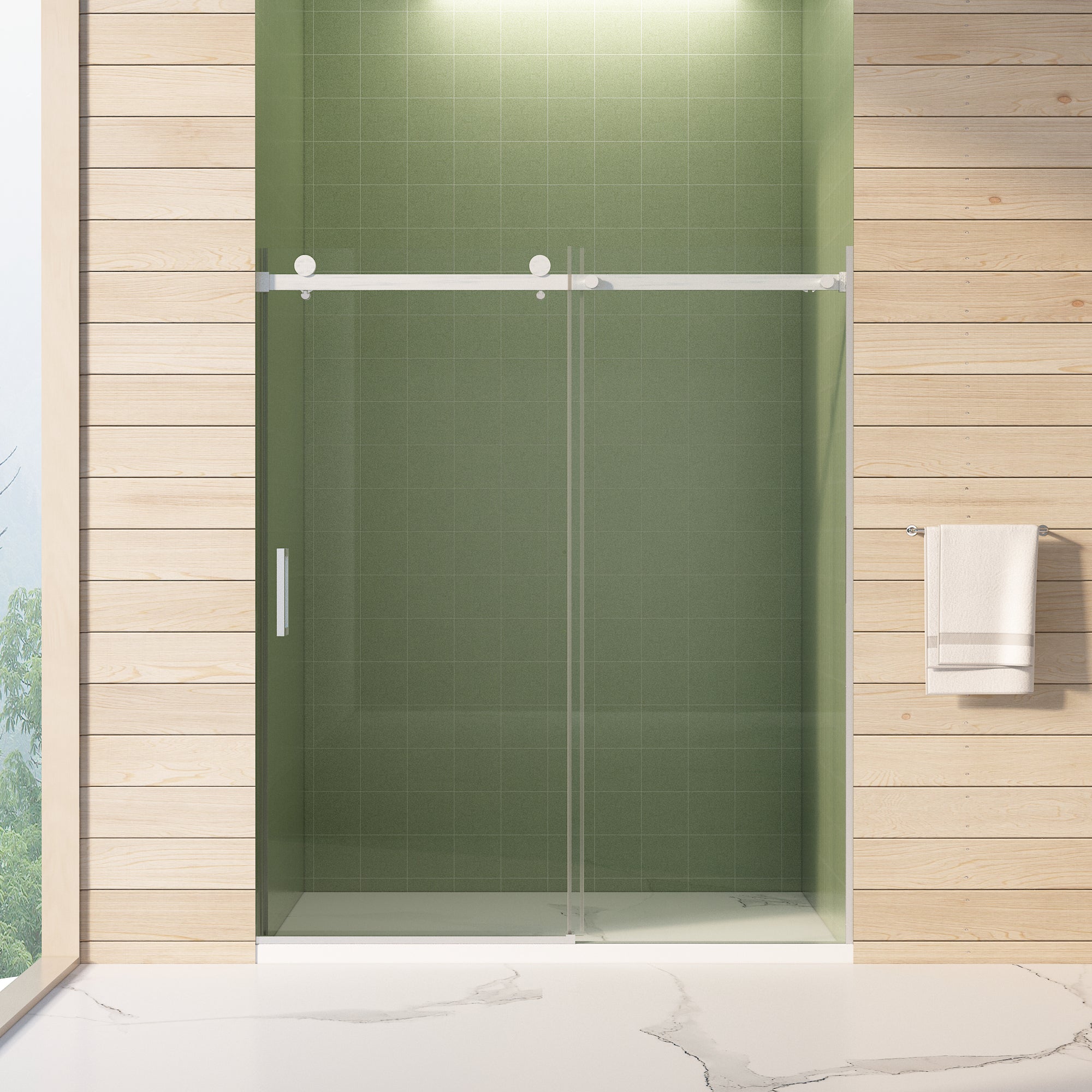 56"-60"W x 70"H Frameless Sliding Shower Door, 8mm Tempered Glass, Double-Sided Easy Clean Coating, Brushed Nickel Finish with Buffer