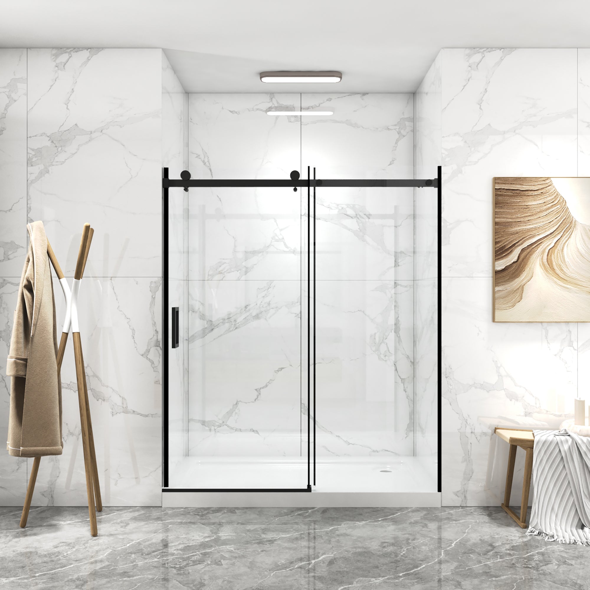 56"-60"W x 70"H Frameless Sliding Shower Door, 8mm Tempered Glass, Double-Sided Easy Clean Coating, Matte Black Finish with Buffer