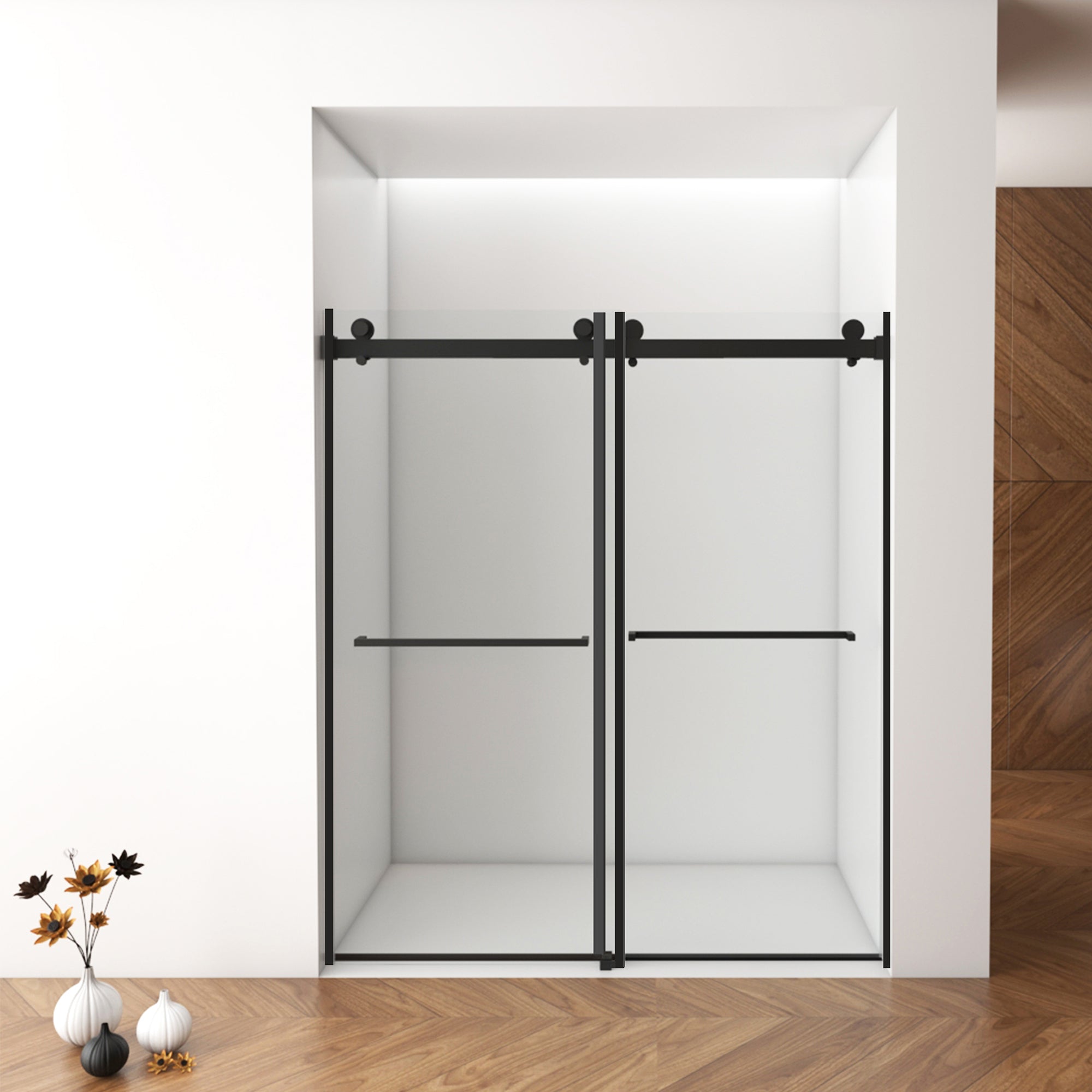 56"-60"W x 76"H Frameless Double Sliding Shower Door, 10mm Tempered Glass, Square Rail, Matte Black, Easy Clean Coating with Buffer