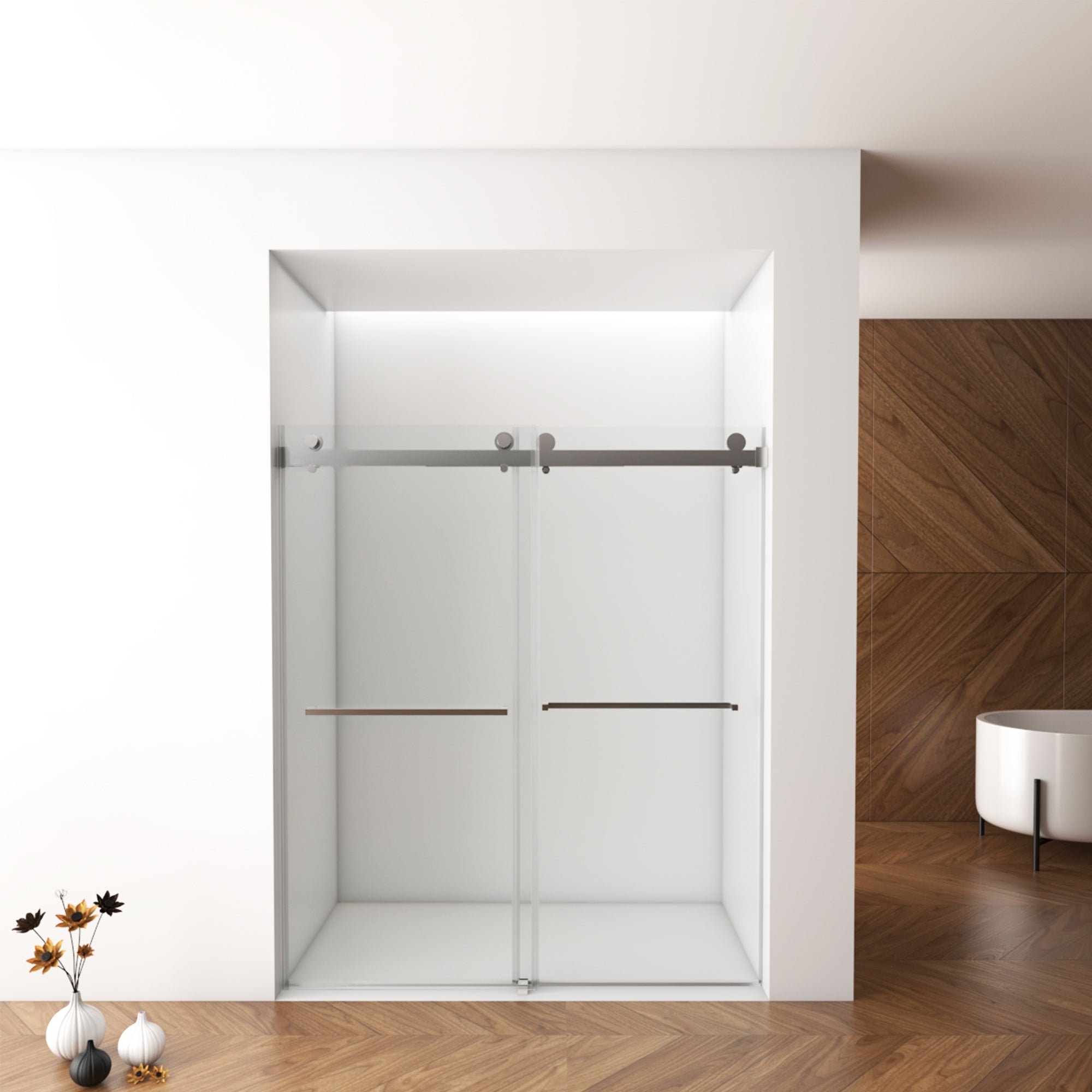 56"-60"W x 76"H Frameless Double Sliding Shower Door, 10mm Tempered Glass, Square Rail, Brushed Nickel, Easy Clean Coating with Buffer
