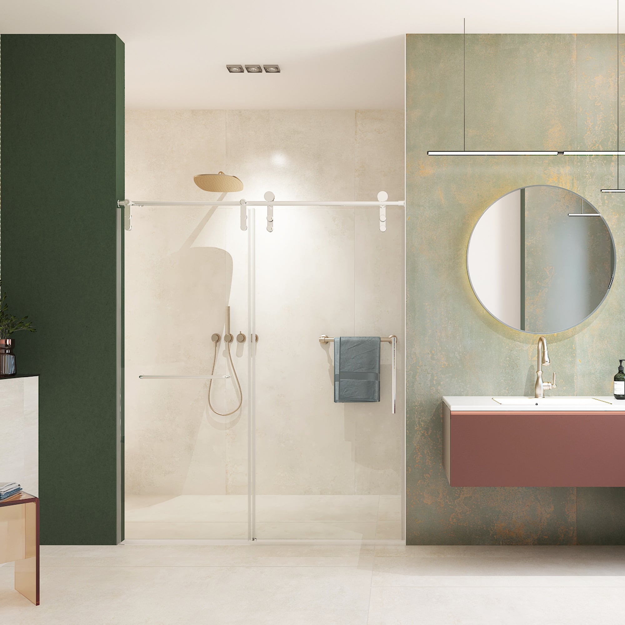 56"-60"W x 70"H Frameless Single Sliding Shower Door, 8mm Tempered Glass, Towel Bar, Brushed Nickel, Easy Clean Coating with Buffer