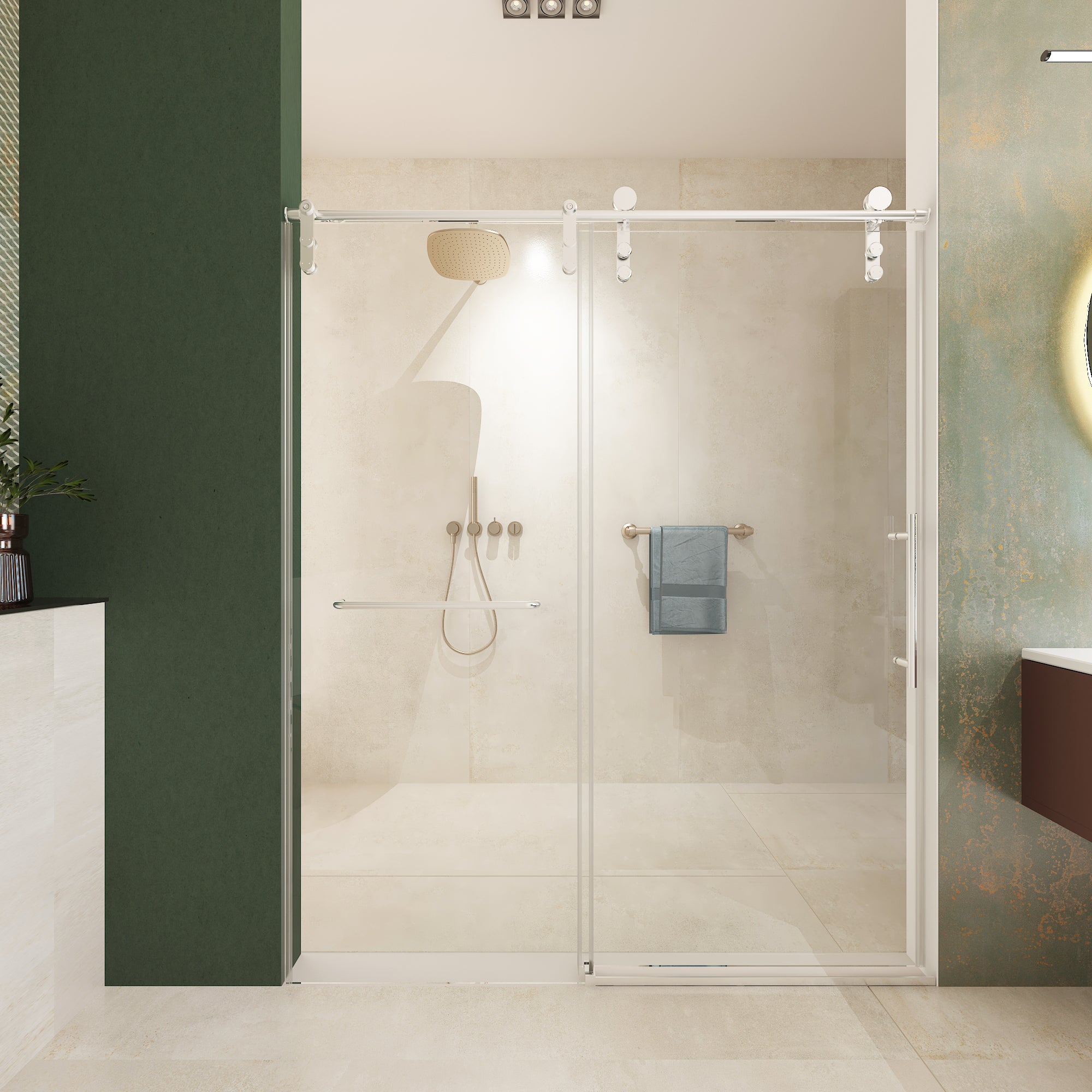 56"-60"W x 76"H Frameless Single Sliding Shower Door, 8mm Tempered Glass, Towel Bar, Brushed Nickel, Easy Clean Coating with Buffer