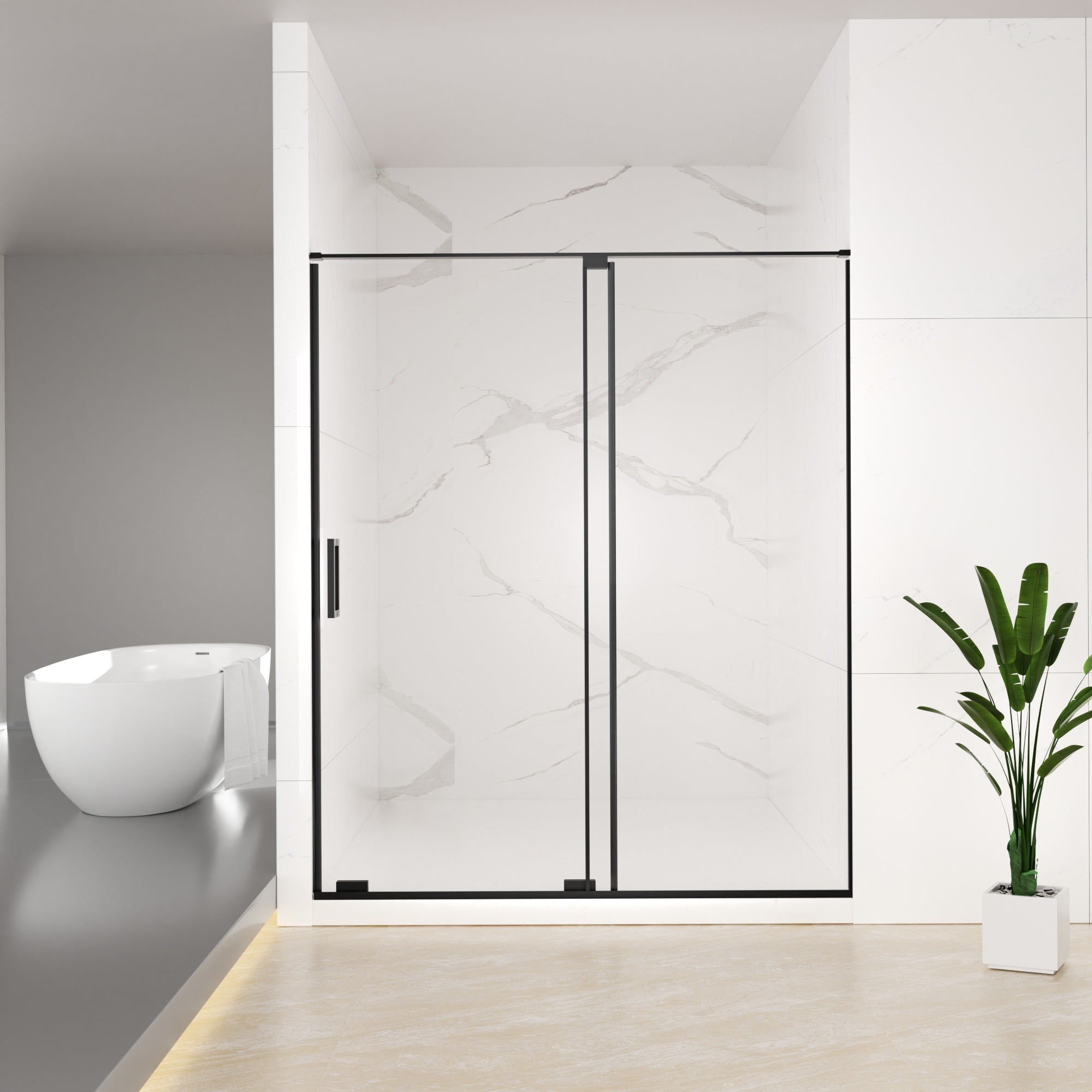 56"-60"W x 72"H Semi-Frameless Sliding Shower Door, 8mm Tempered Glass, Matte Black, 4" Cut-Adjustable Width
