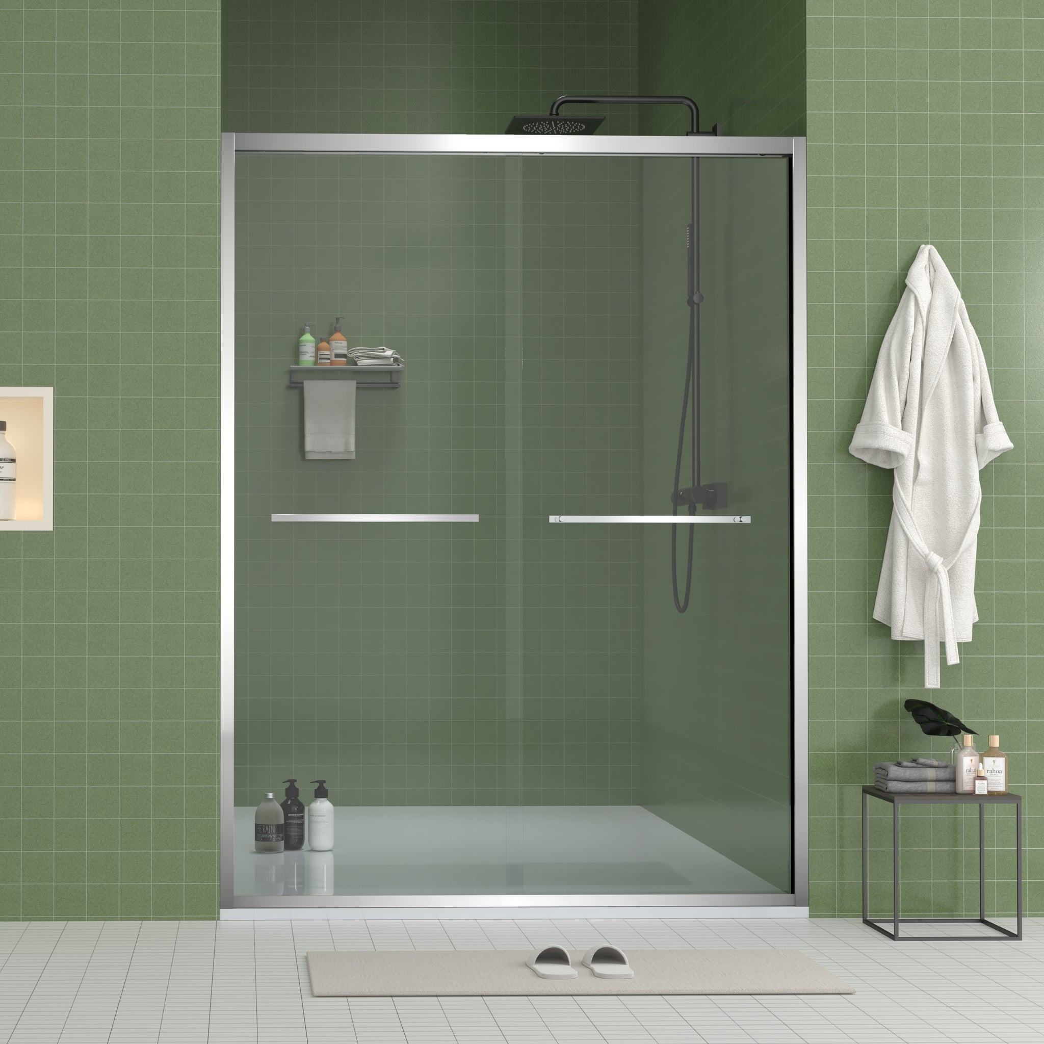 56"-60"W x 70"H Aluminum Frame Double Sliding Shower Door, 8mm Clear Tempered Glass, Chrome Finish, Cut-Adjustable Width