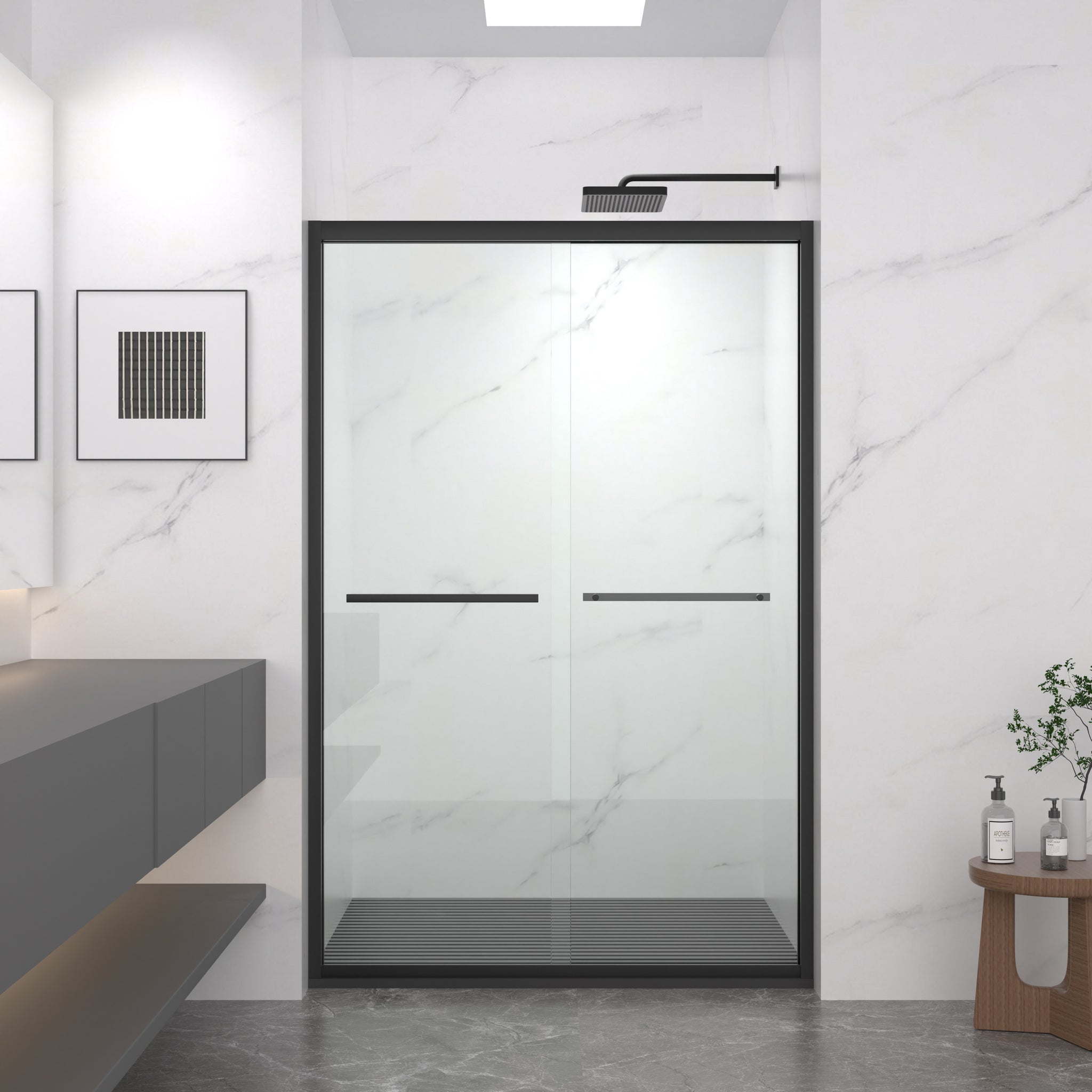44"-48"W x 72"H Aluminum Frame Double Sliding Shower Door, 8mm Clear Tempered Glass, Matte Black Finish, Cut-Adjustable Width