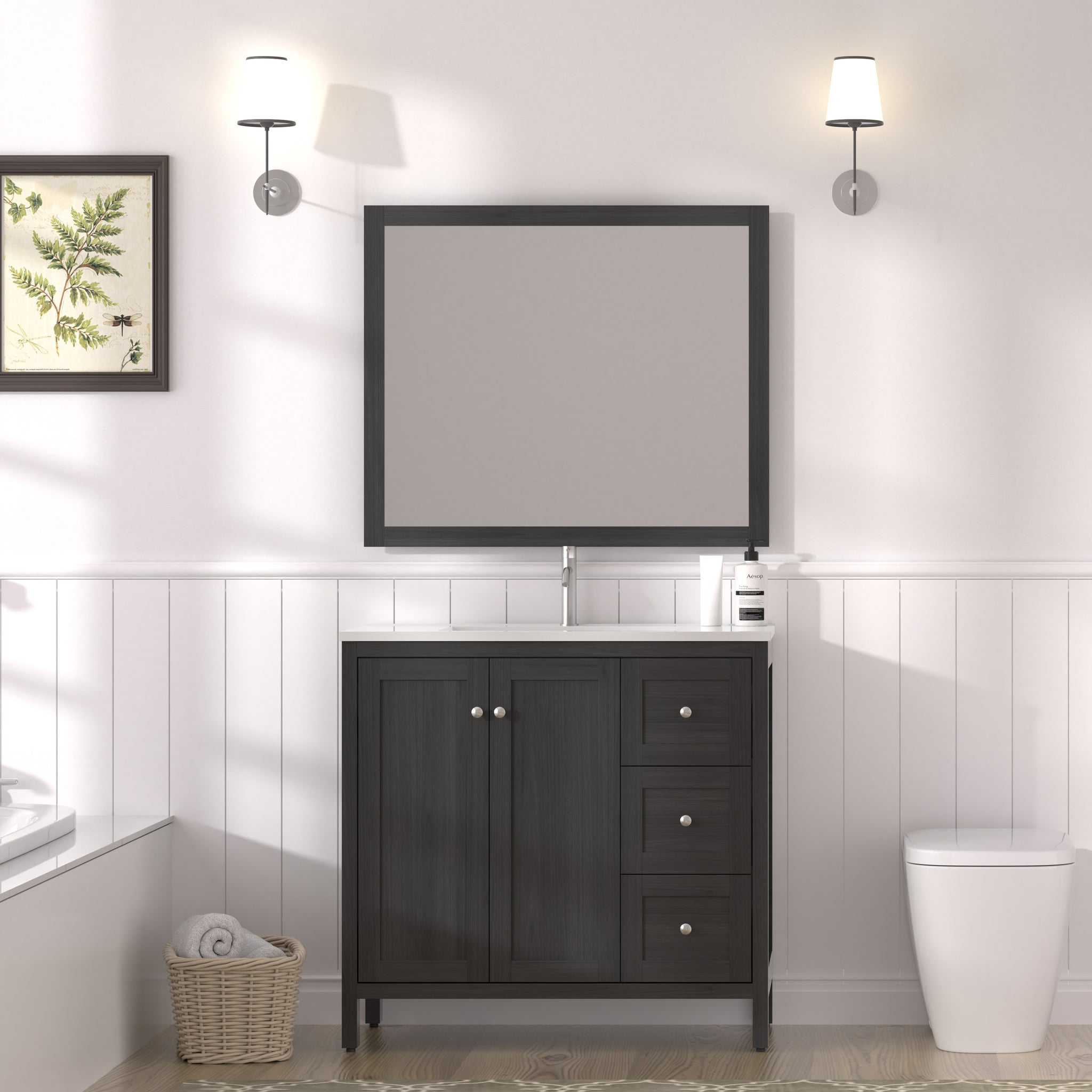 35.5" Bathroom Vanity, Modern Bathroom Cabinet with SMC Resin Basin, Soft-Close Doors & 3 Drawers, Munich Black Finish