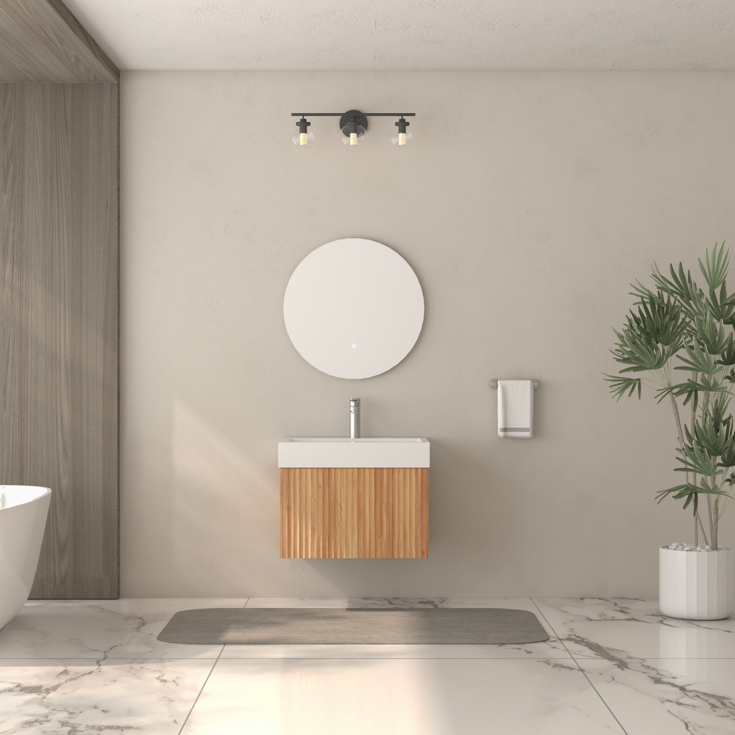 24" Wall-Mounted Bathroom Vanity with Integrated Basin, Plywood Cabinet, Modern Minimalist Floating Design, Acacia Finish