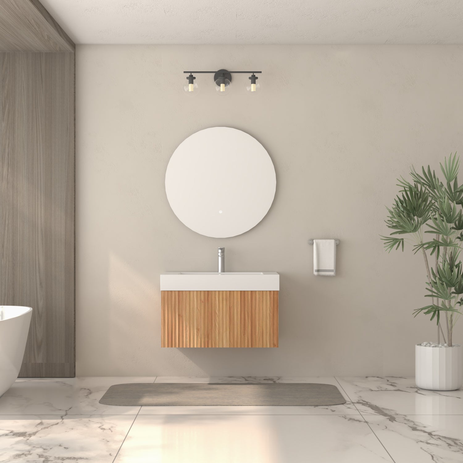 30" Wall-Mounted Bathroom Vanity with Integrated Basin, Plywood Cabinet, Modern Minimalist Floating Design, Acacia Finish