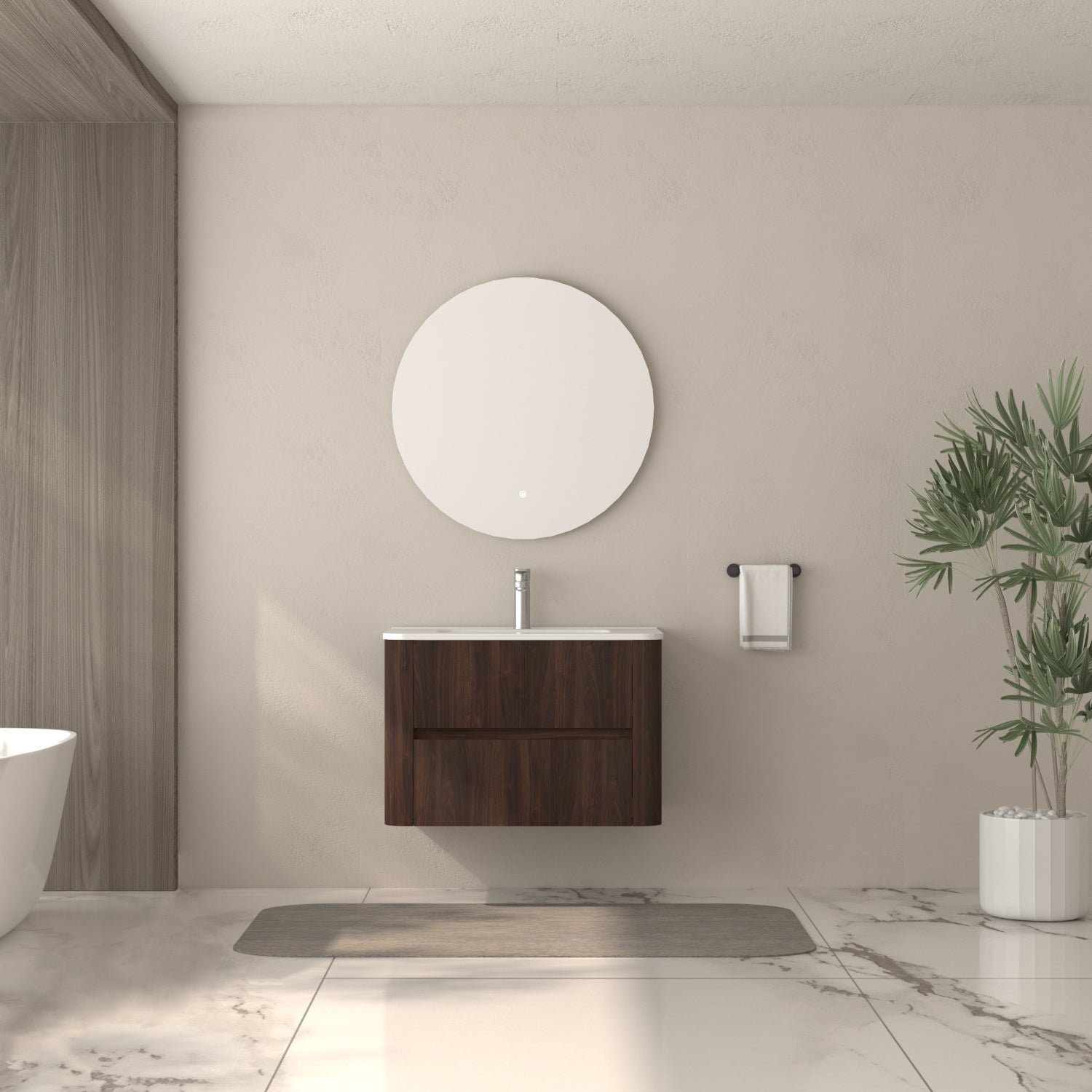 30" Wall-Mounted Bathroom Vanity with Sink, Floating Dark Walnut Cabinet, 2 Soft-Close Drawers, White Ceramic Integrated Basin