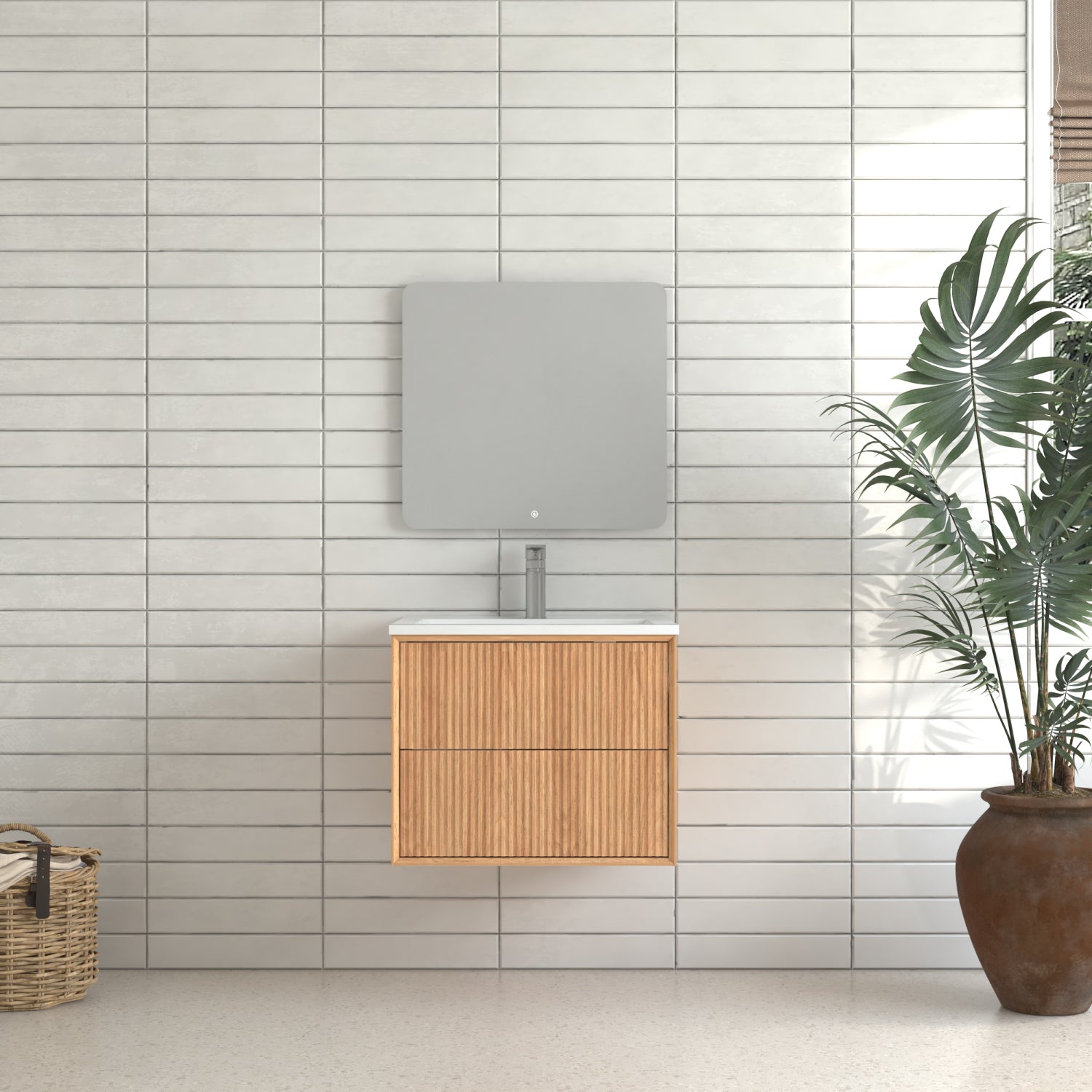 24" Floating Bathroom Vanity Set, Wall-Mounted Solid Wood Cabinet with 2 Push-Open Drawers, White Resin Integrated Basin