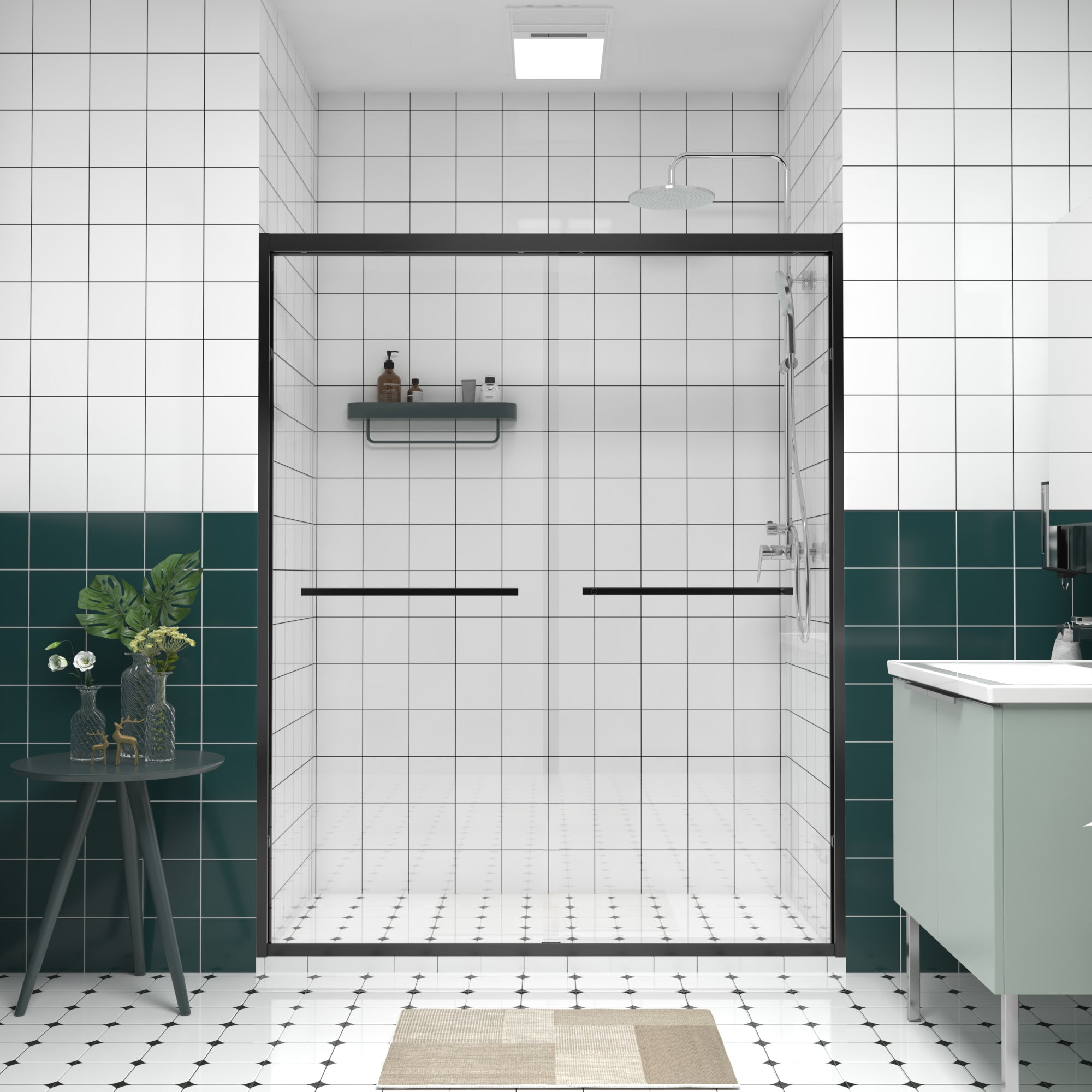 56-60"x74" Aluminum Frame Double Sliding Shower Door, 1/4" (6mm) Clear Tempered Glass, Matte Black Hardware, Bypass Shower Enclosure