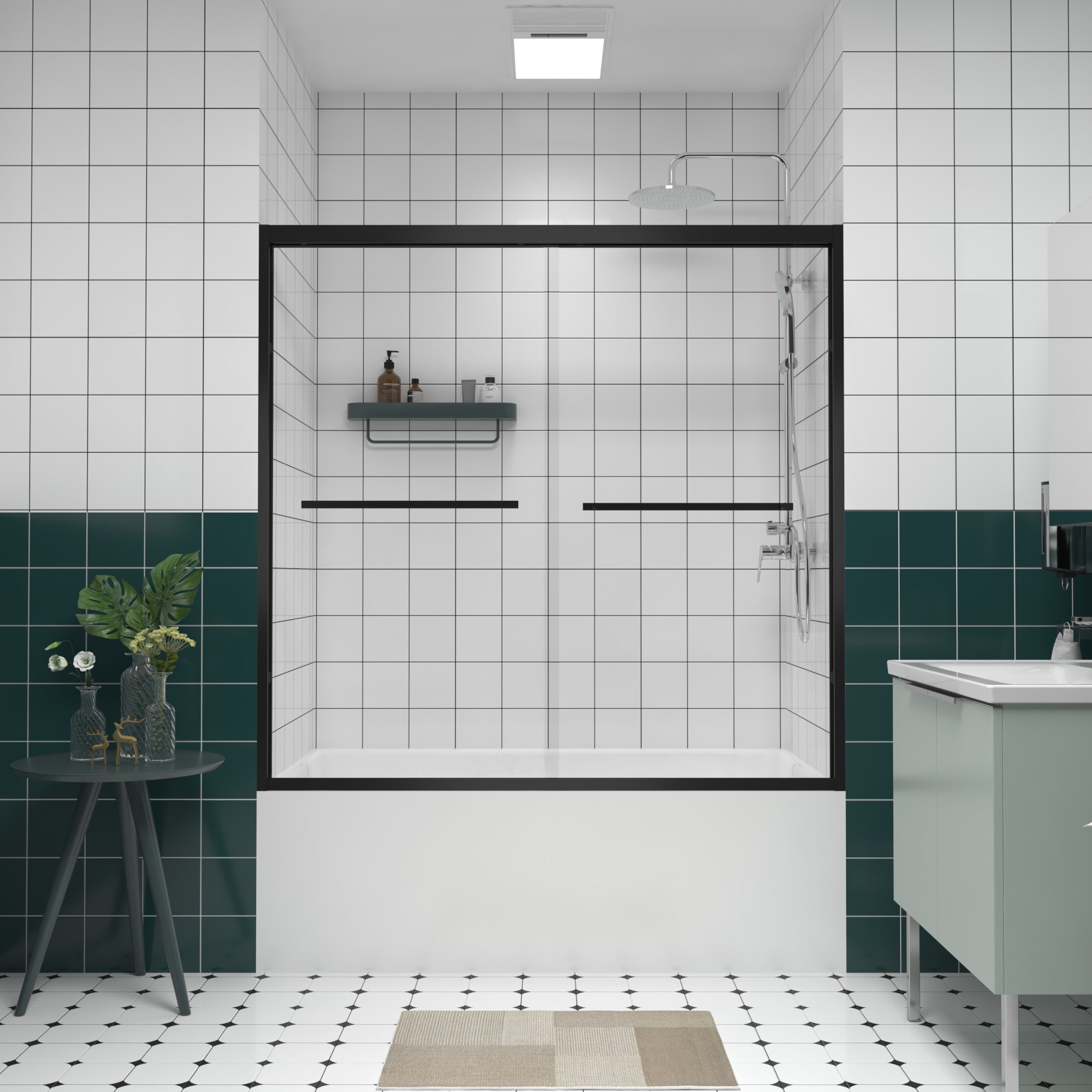 56-60"x58" Aluminum Frame Double Sliding Bathtub Screen, 1/4" (6mm) Clear Tempered Glass, Matte Black Hardware, Bypass Tub Enclosure
