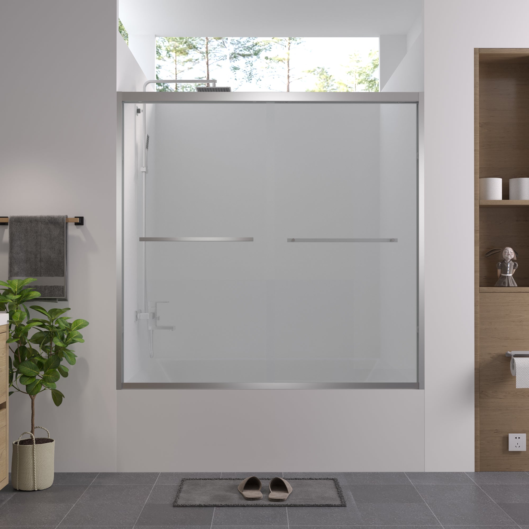 56-60"x58" Aluminum Frame Double Sliding Bathtub Screen, 1/4" (6mm) Clear Tempered Glass, Chrome Hardware, Bypass Tub Enclosure