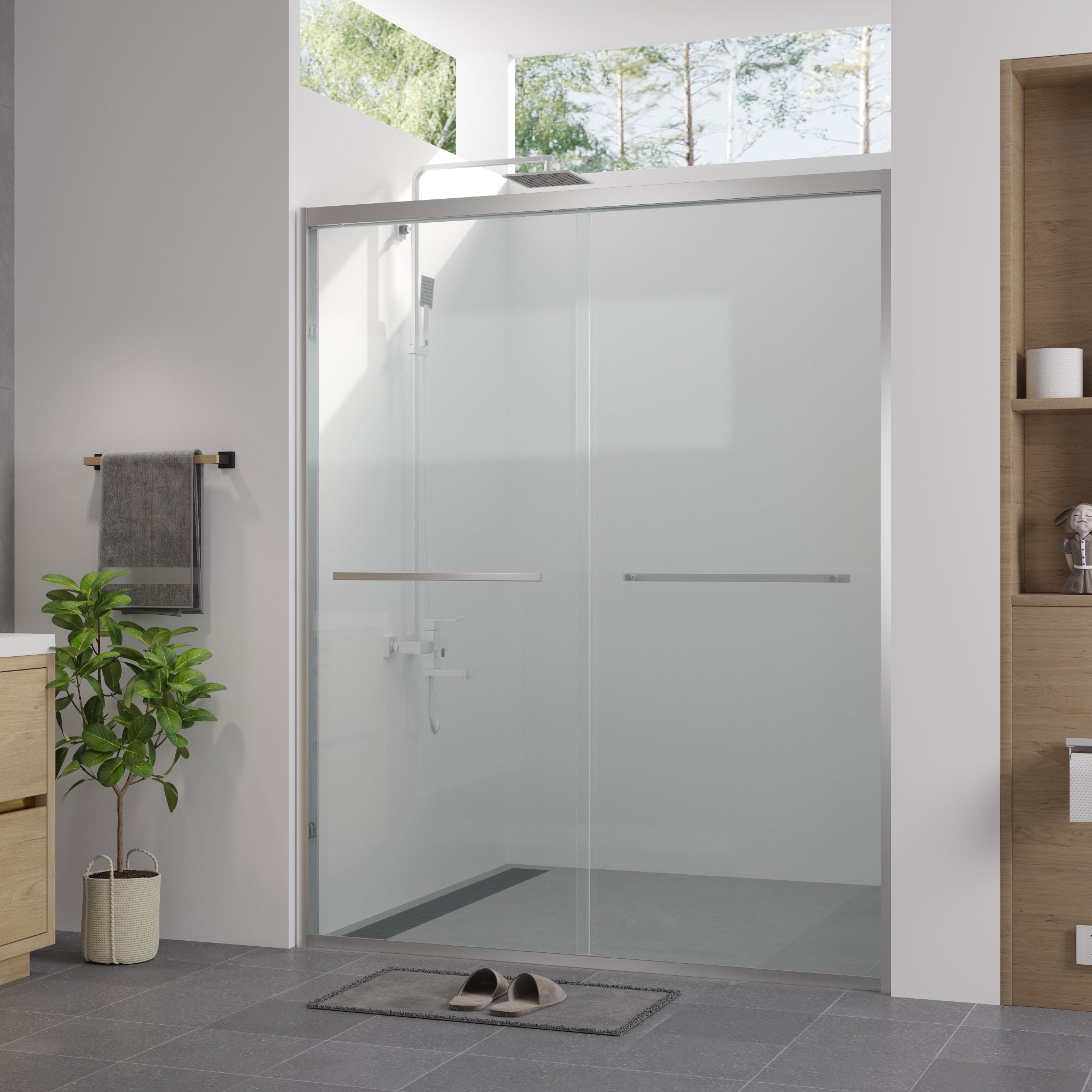 56-60"x74" Aluminum Frame Double Sliding Shower Door, 1/4" (6mm) Clear Tempered Glass, Chrome Hardware, Bypass Shower Enclosure