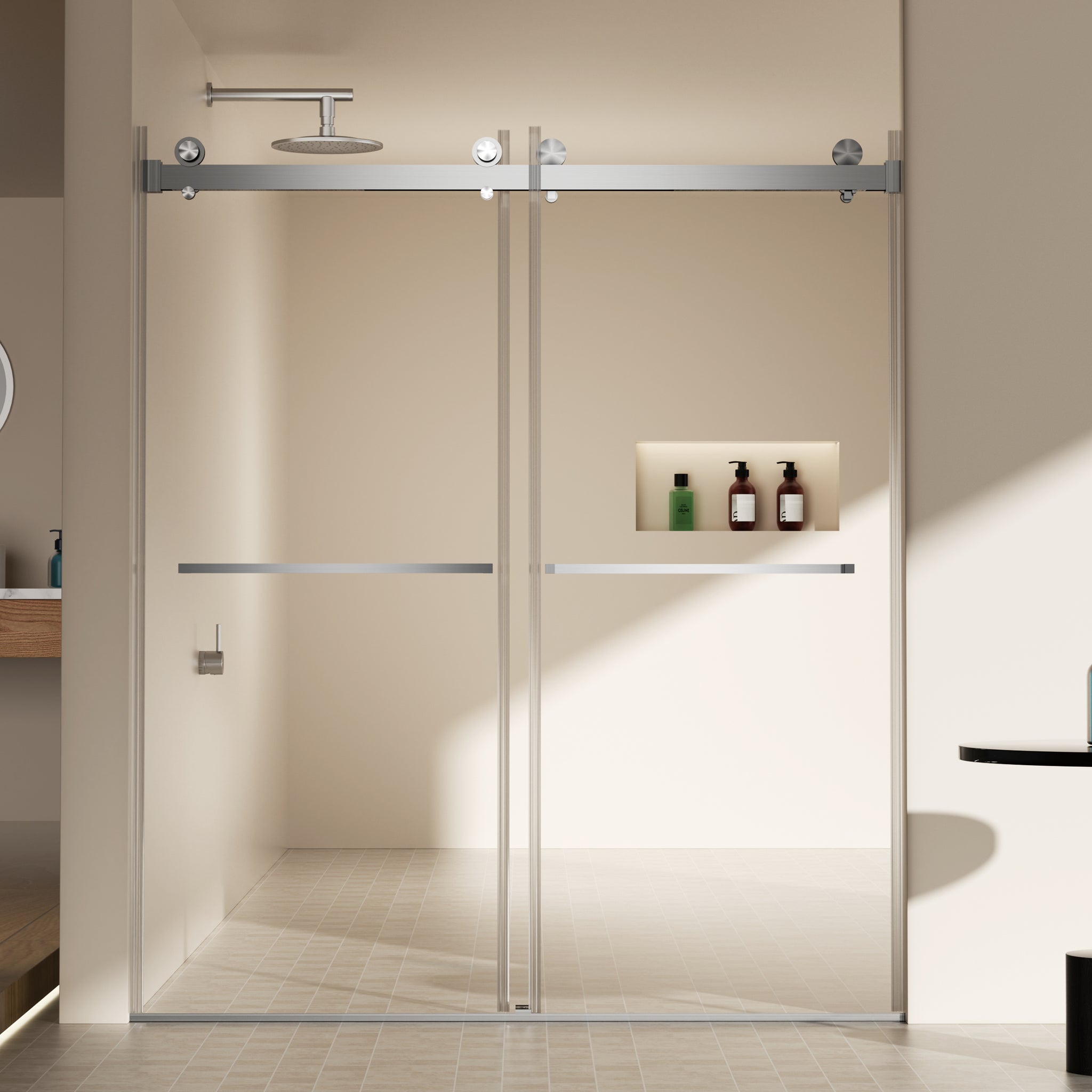 56-60"W x 70"H Frameless Double Sliding Shower Door, 5/16"(8mm) SGCC Tempered Glass, Brushed Nickel, Easy Clean Coat, Buffer System