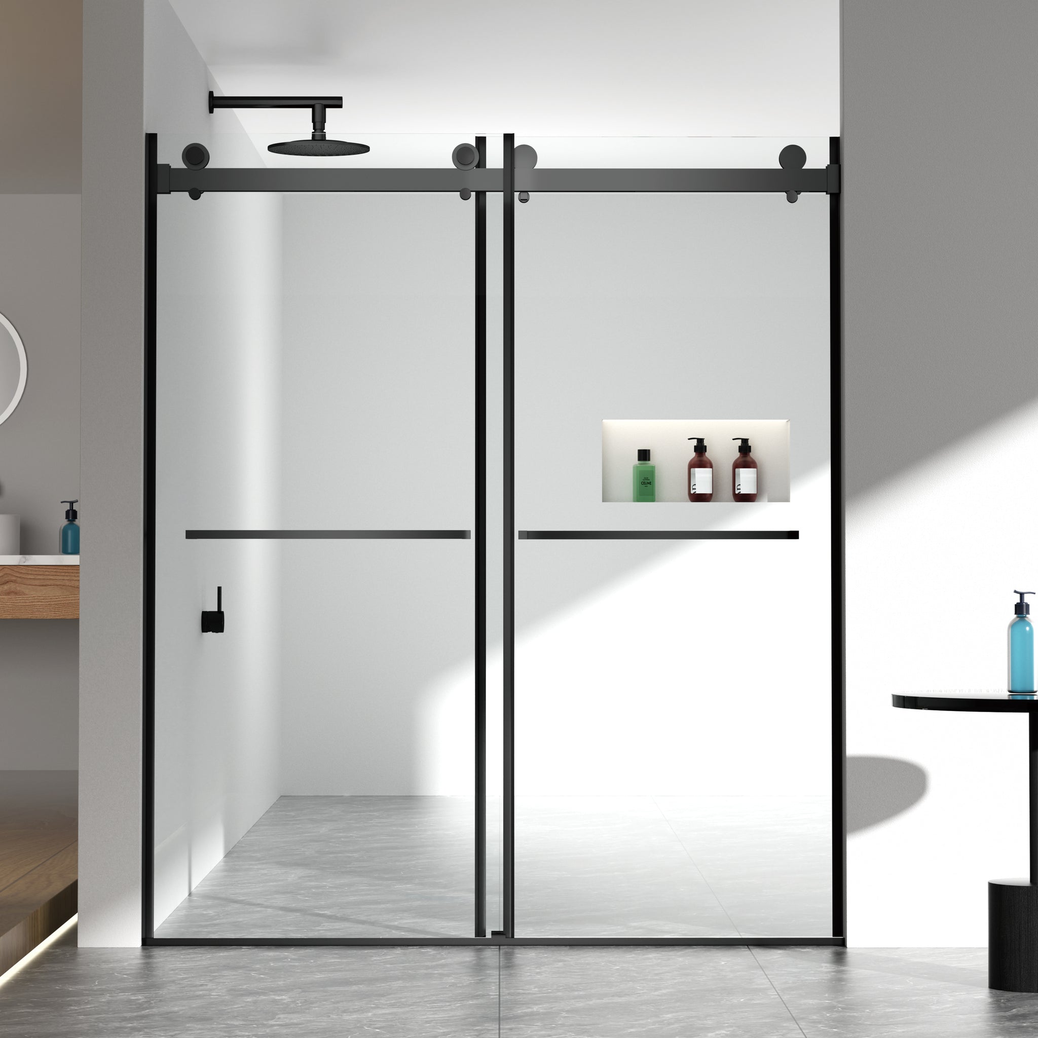 56-60"W x 70"H Frameless Double Sliding Shower Door, 5/16"(8mm) SGCC Tempered Glass, Matte Black Nickel, Easy Clean Coat, Buffer System