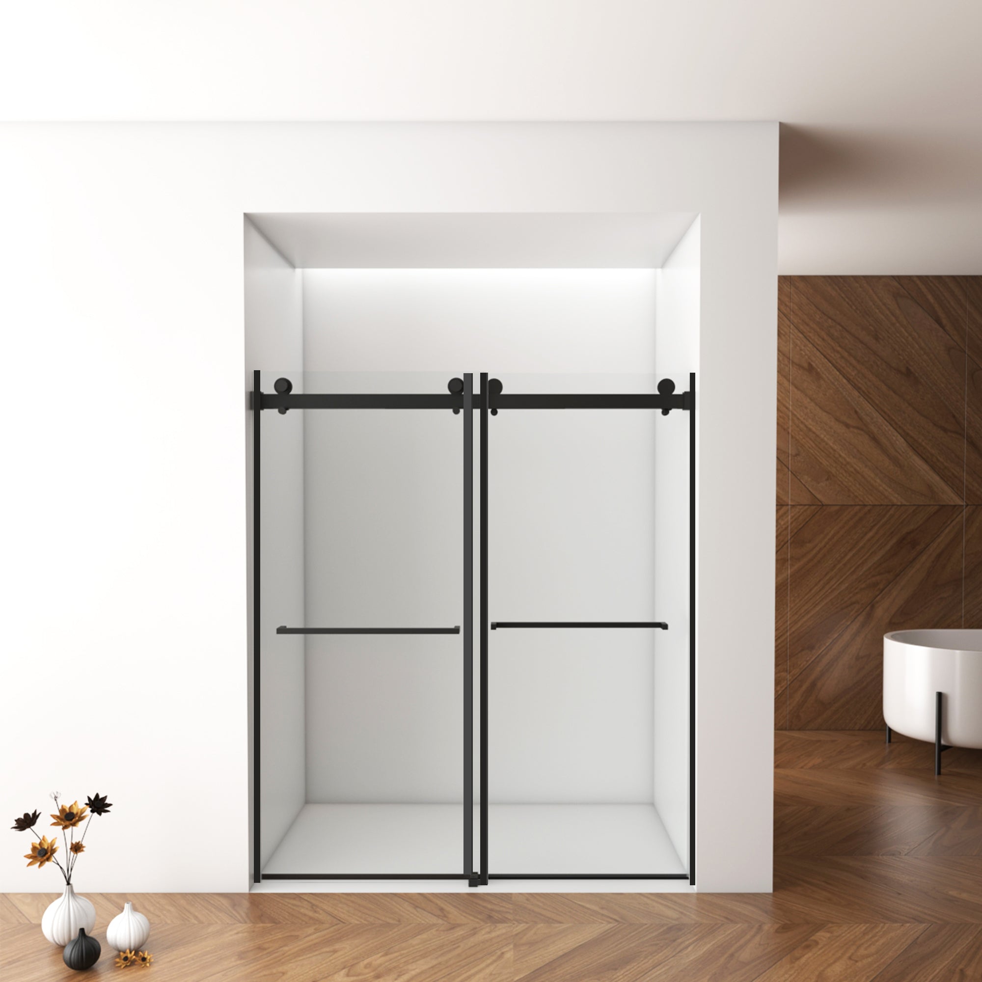 56"-60"W x 70"H Frameless Double Sliding Shower Door, 5/16"(8mm) Laminated Tempered Glass, Matte Black, Easy Clean Coat, Buffer System