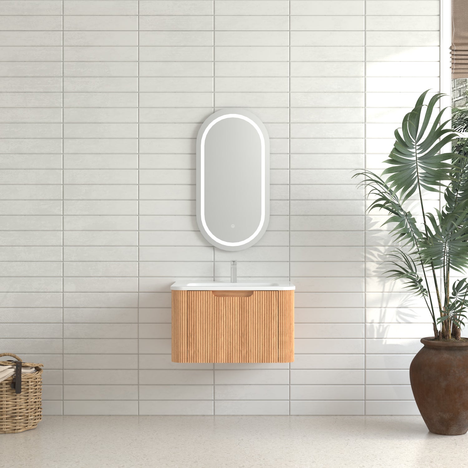 24" Wall-Mounted Floating Bathroom Vanity, Pre-Assembled Curved Edge Cabinet in Natural Walnut with White Ceramic Basin, Soft-Close Drawer