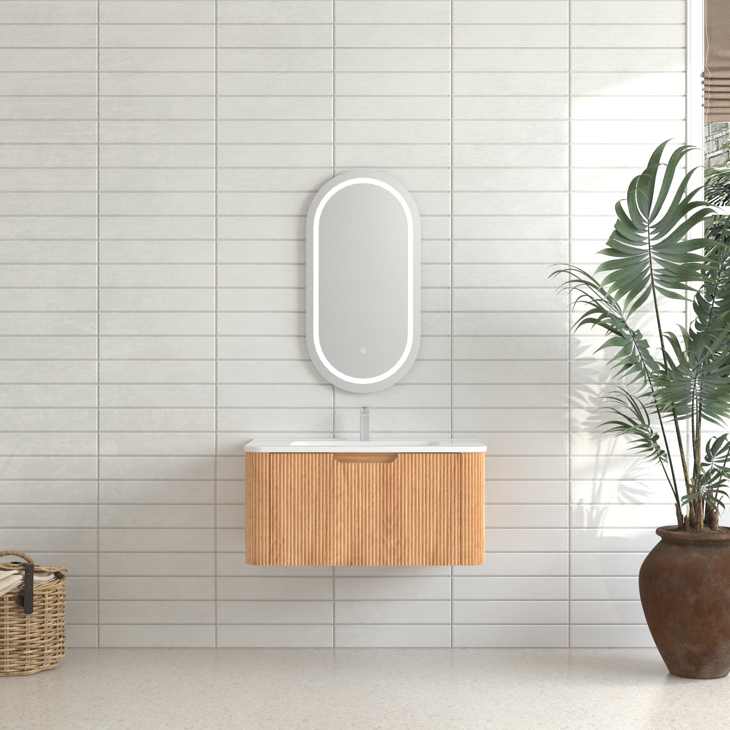 30" Wall-Mounted Floating Solid Wood Bathroom Vanity, Pre-Assembled Curved Edge Cabinet in Natural Walnut with White Ceramic Basin, Soft-Close Drawer