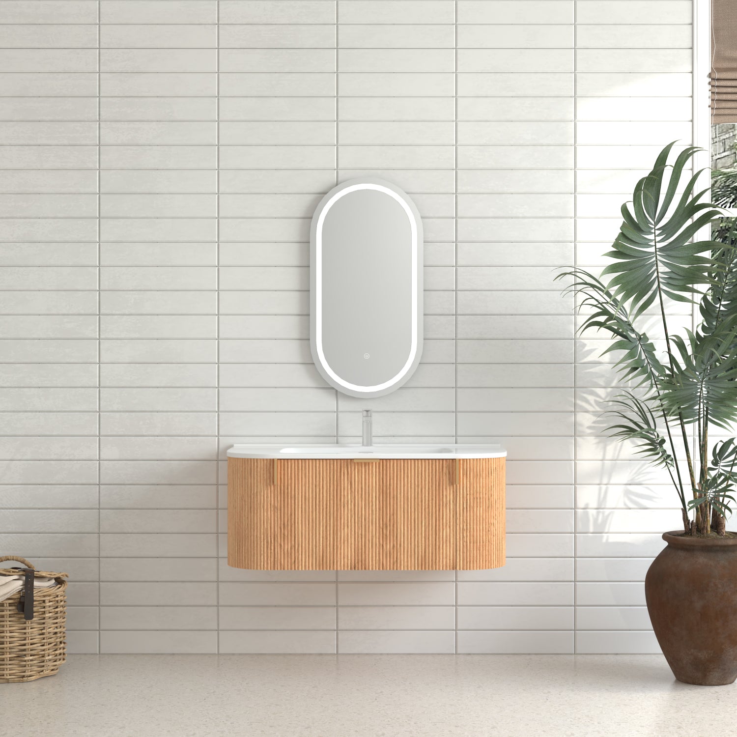 36" Solid Wood Wall-Mounted Floating Bathroom Vanity with Curved Edges & Striped Front, 2 Side Drawers, White Ceramic Basin, Pre-Assembled, Walnut Finish (Faucet Not Included)