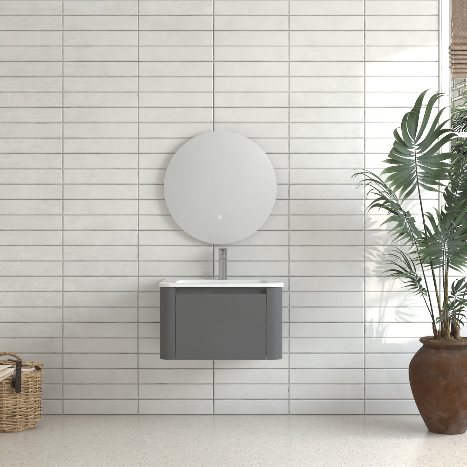 24" Grey Wall-Mounted Floating Bathroom Vanity with Soft-Close Drawer, White Ceramic Integrated Basin, PET Waterproof Finish, Pre-Drilled for Easy Installation
