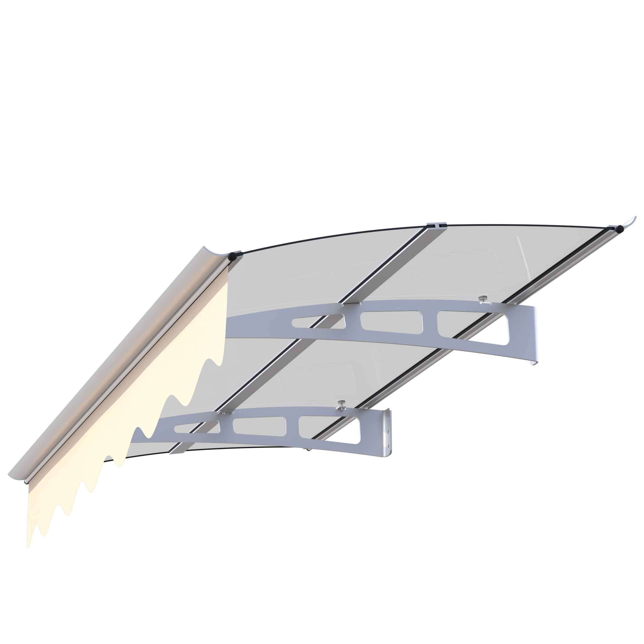 Door Window Awning Canopy Made of 0.137Inch Thick Crystal Solid Polycarbonate Sheet and Aluminum Alloy with Valance in size of 59 Inches Wide x 34 Inches Deep for Masonry Concrete Wall House only.