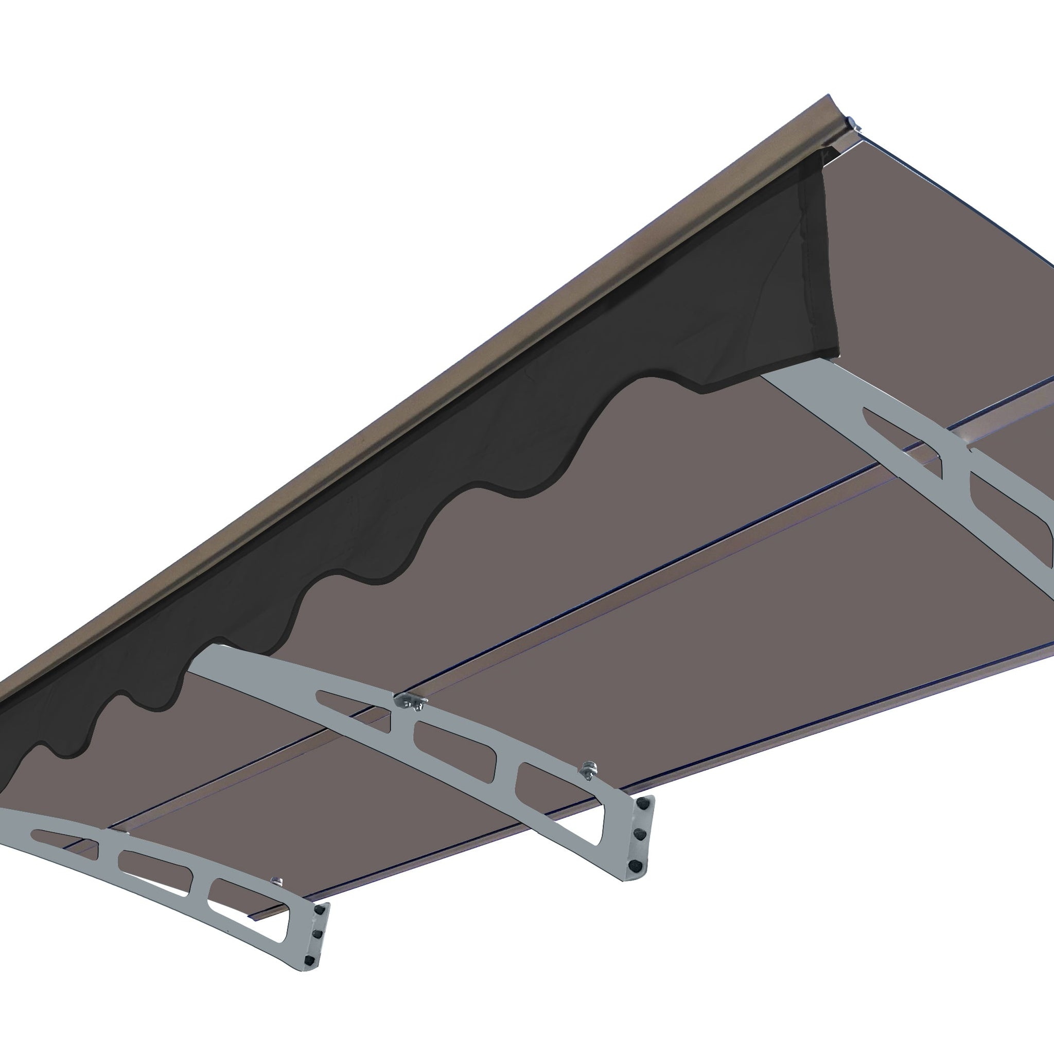 Door Window Awning Canopy Made of 0.137Inch Thick Crystal Solid Polycarbonate Sheet and Aluminum Alloy with Valance in size of 79 Inches Wide x 34 Inches Deep for Wooden Wall House